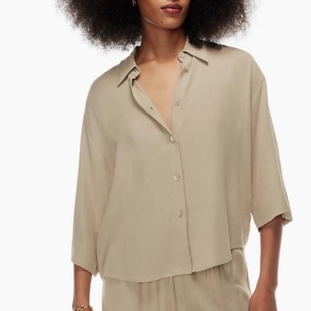 Babaton Carrington Blouse Top Tan S Button‎ Up Neutral Minimalist Office Basic